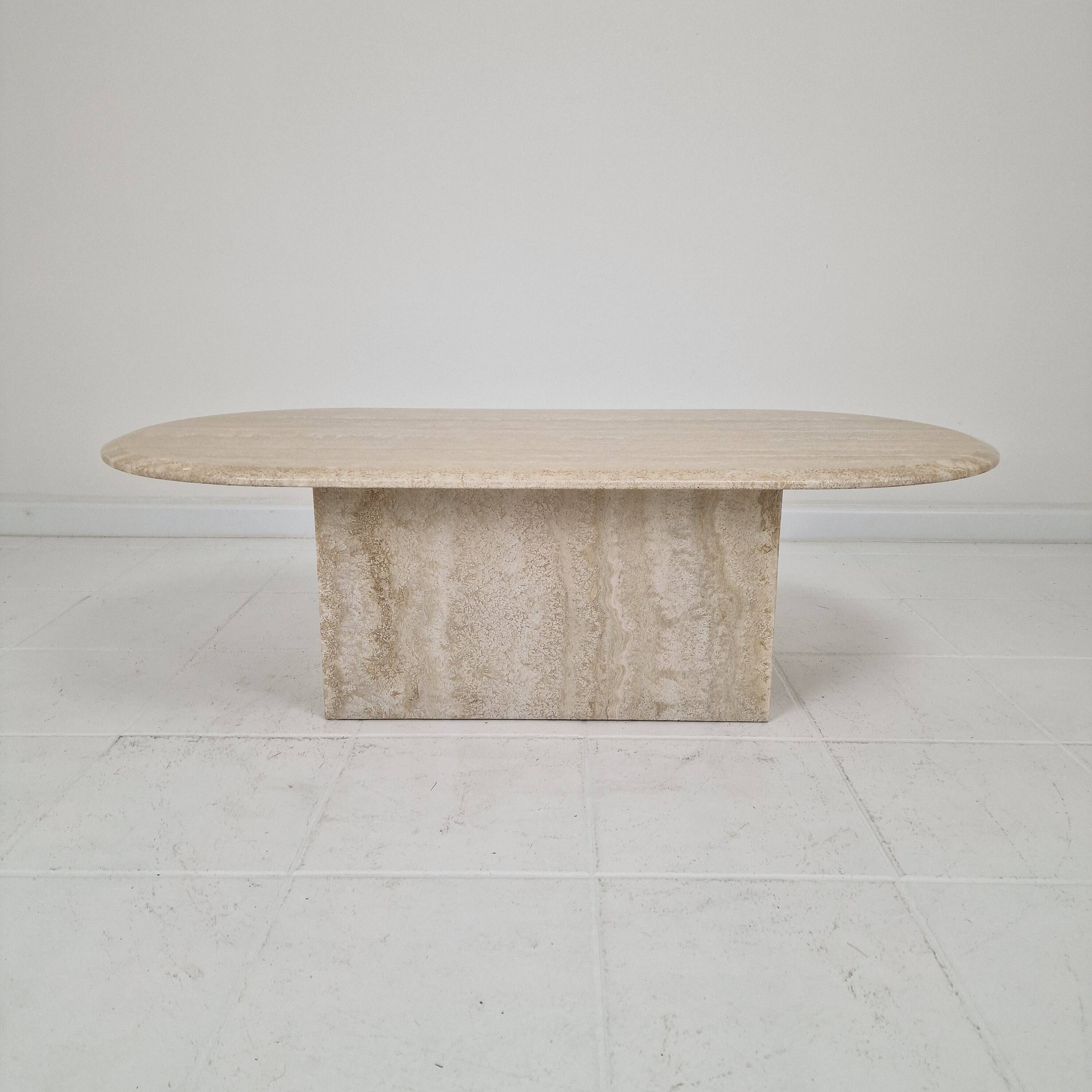 Italian Oval Travertine Coffee Table – Natural Elegance with Sculptural Sty