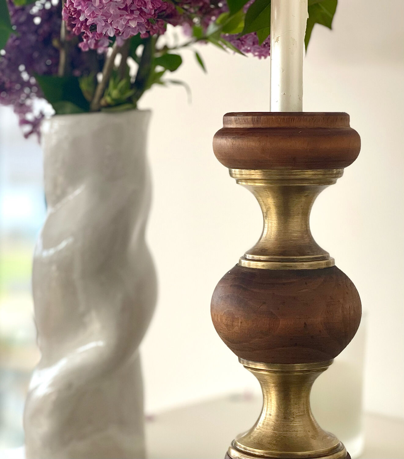 Wood and brass candle holder 1970