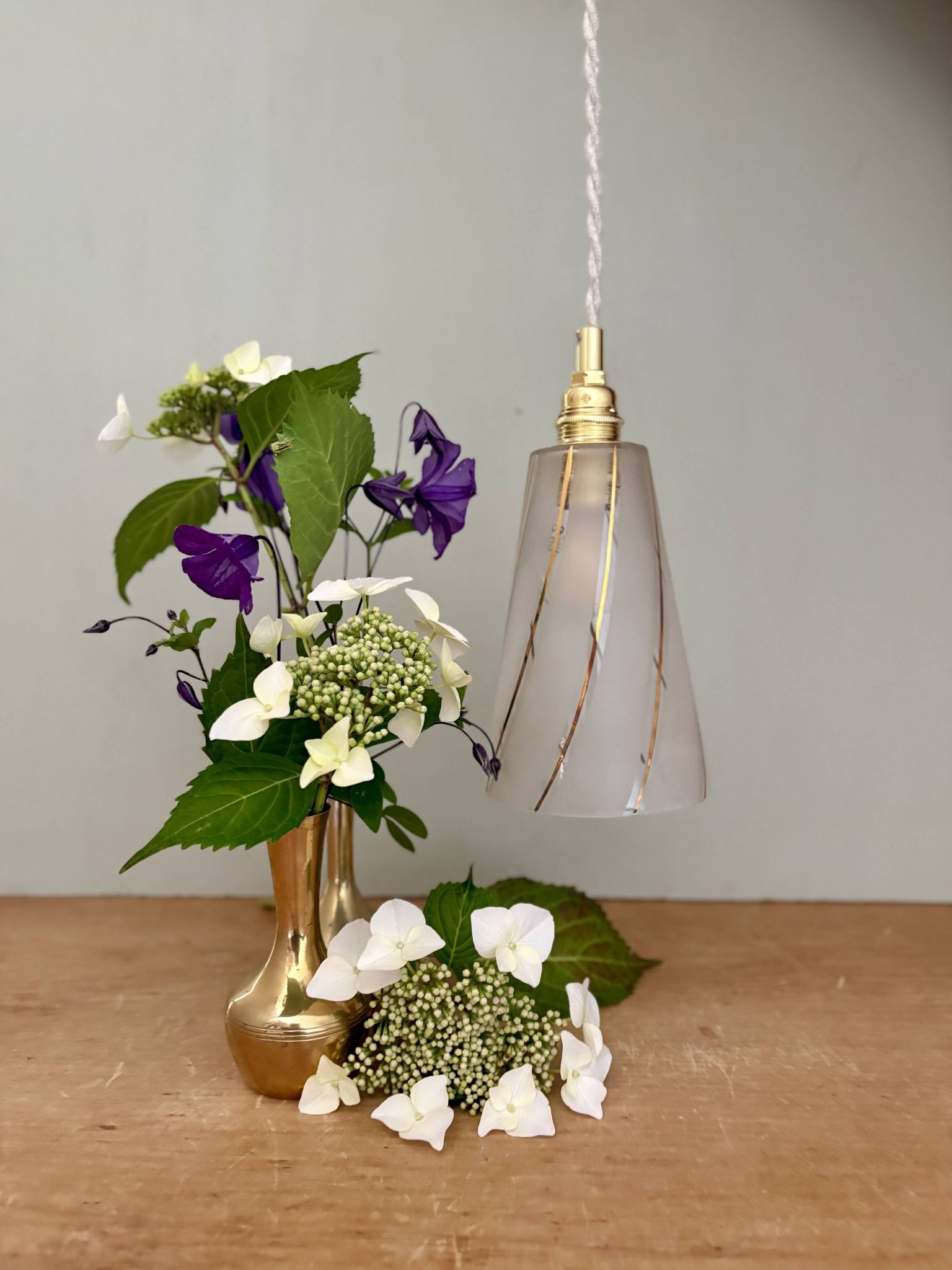 Vintage tulip pendant light in white frosted glass and gold trim