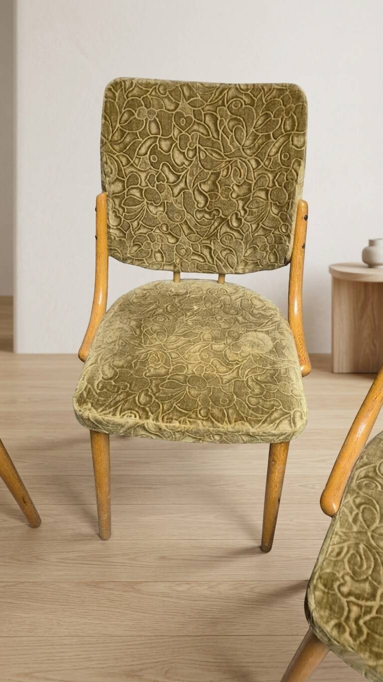 Bentwood dining chairs set of 4, retro beech wood & olive velour, TON 1960s–1970s, Czechoslovakia