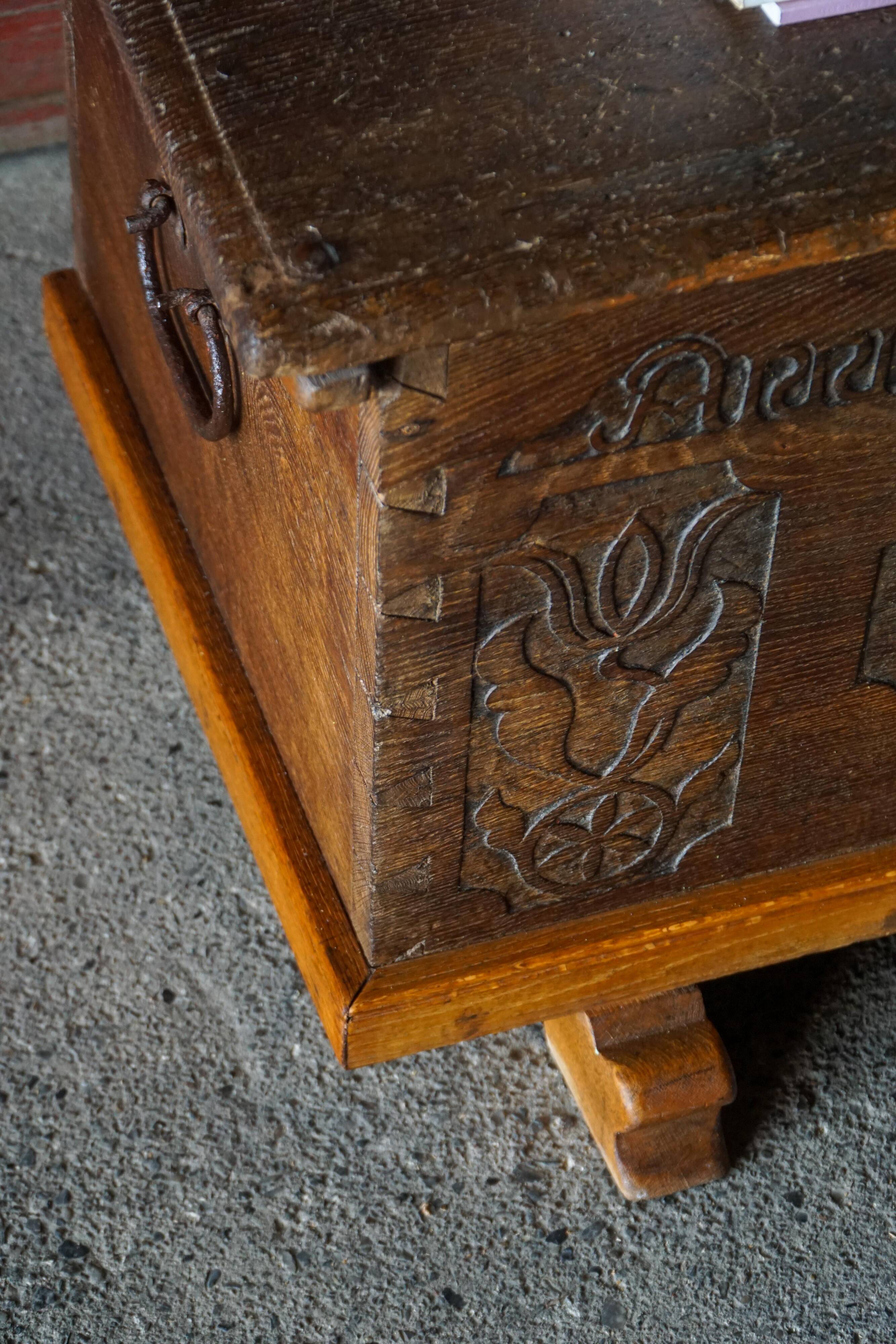 18th-century Scandinavian popular art oak chest with carved panels, dated 1764.