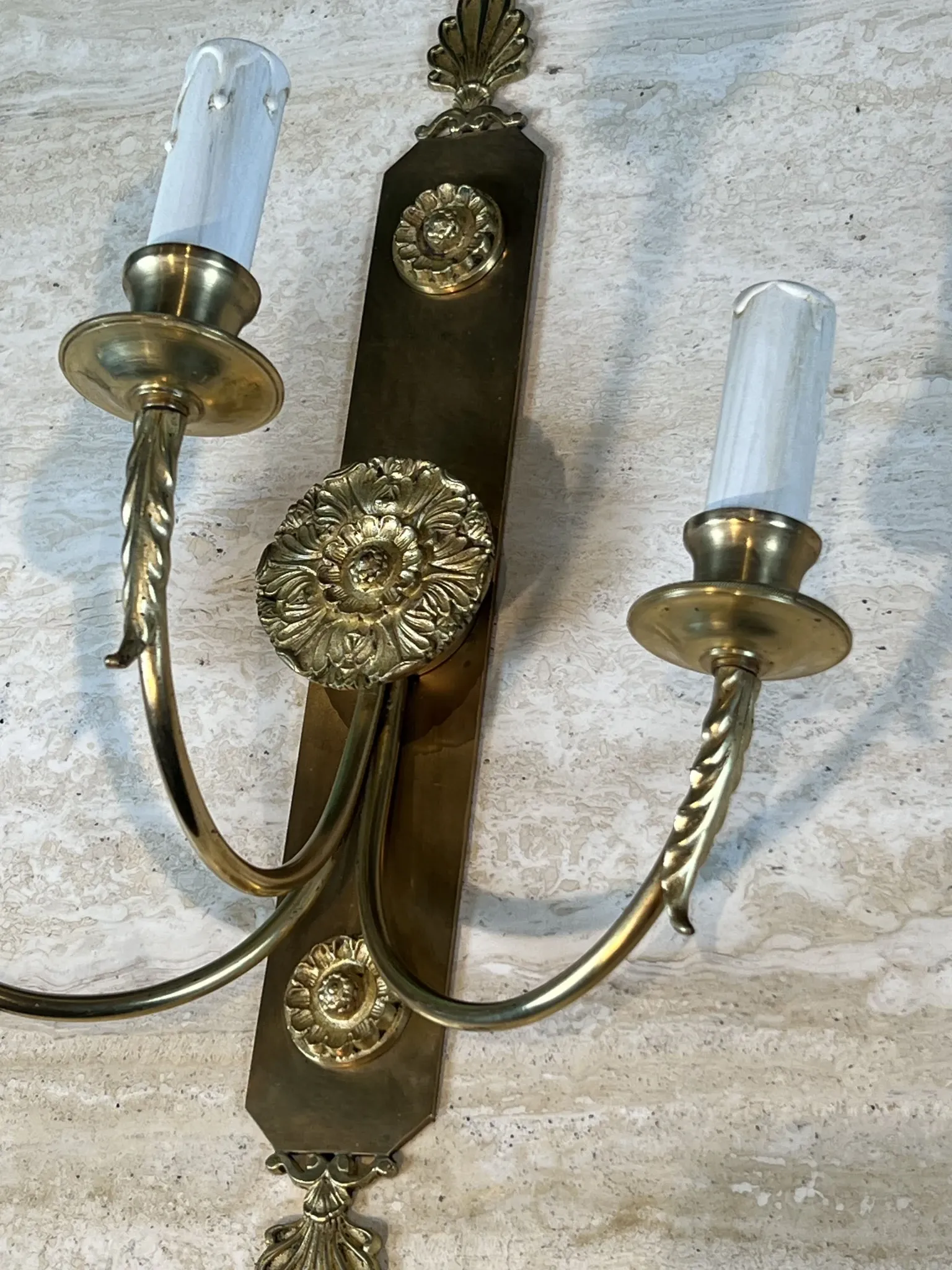 Pair of Neoclassical Wall Lights with Three Arms in Brass with Decoration