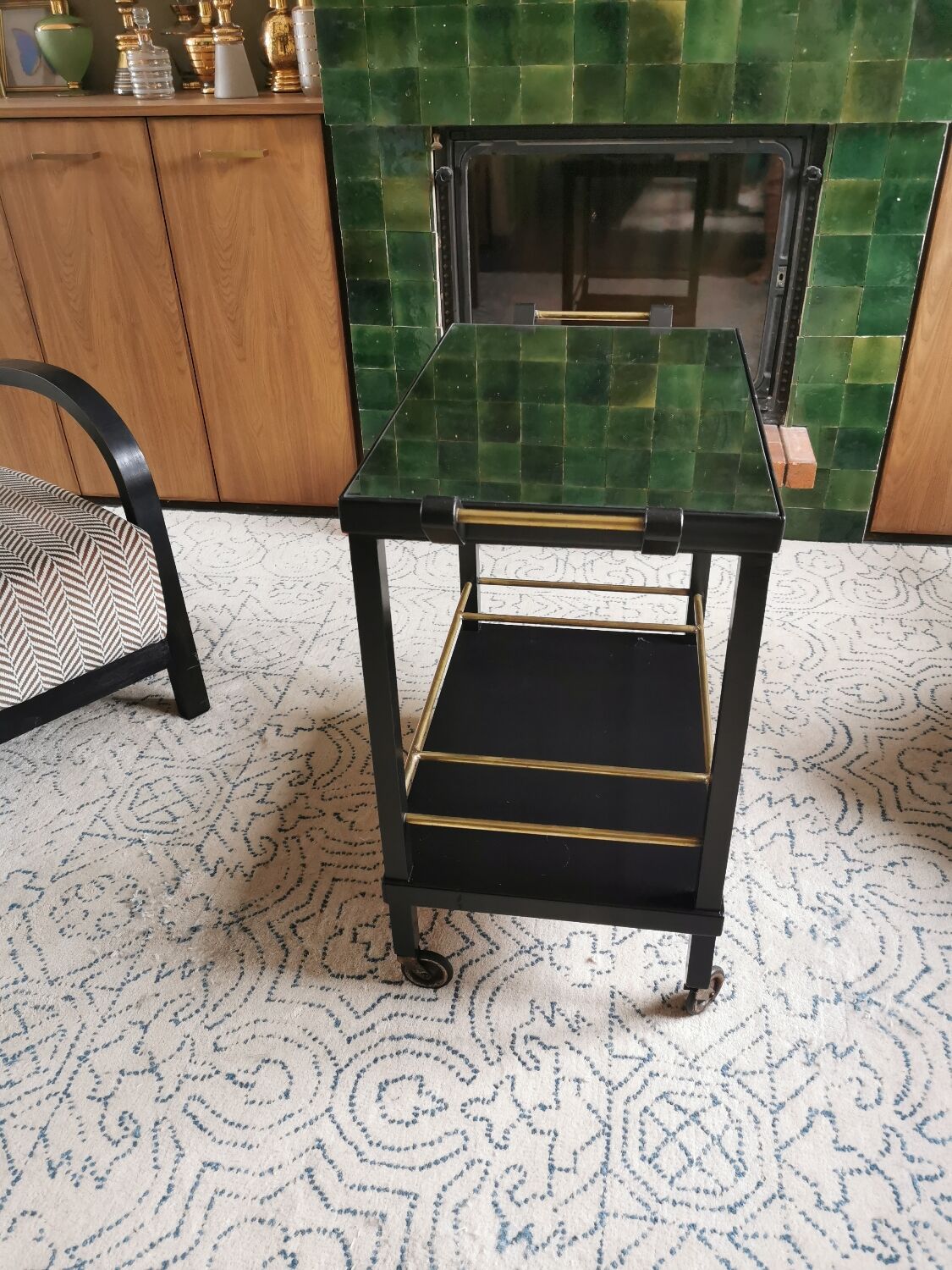 Art Deco wooden mirror and brass rolling service