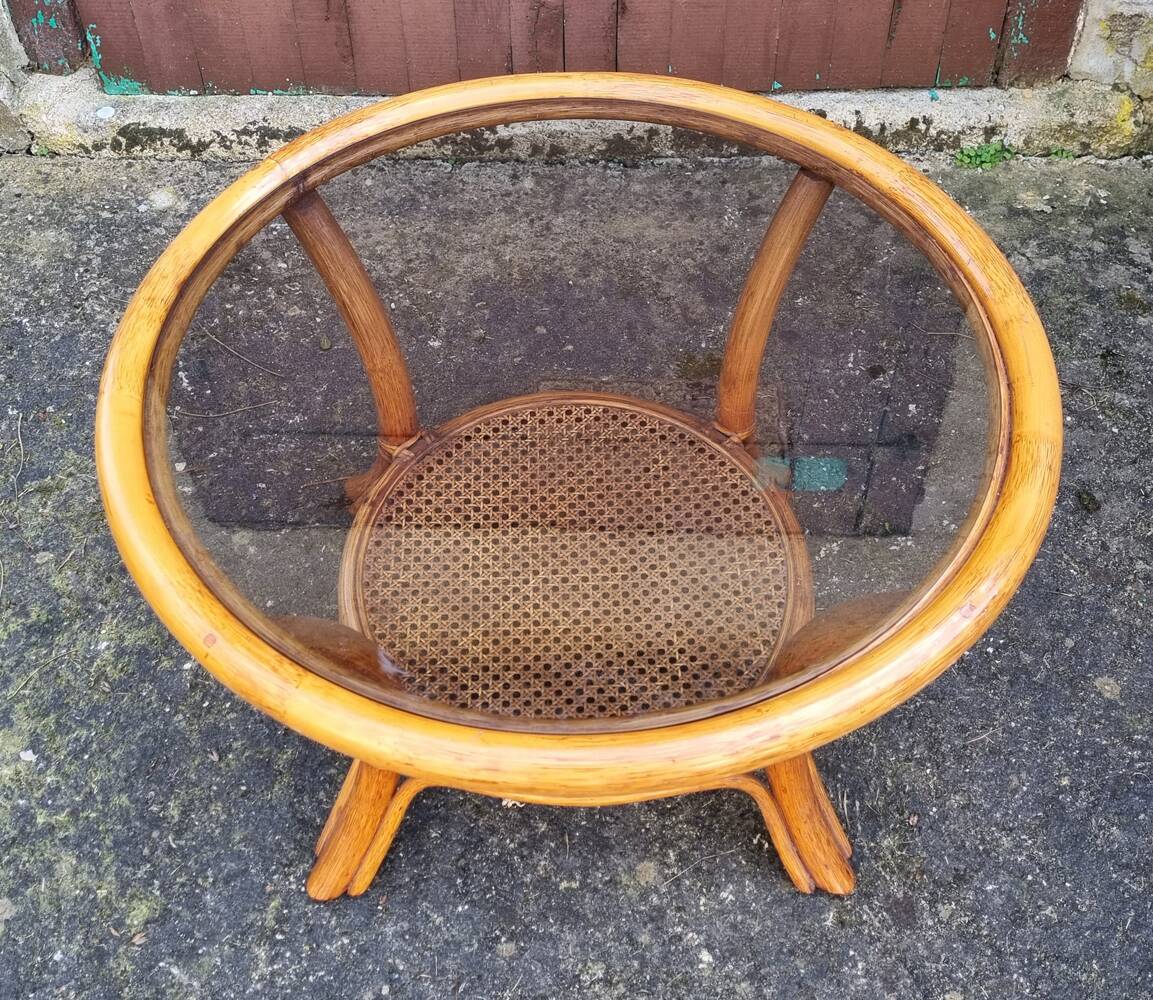 Round coffee table in cane and bamboo, vintage 1960