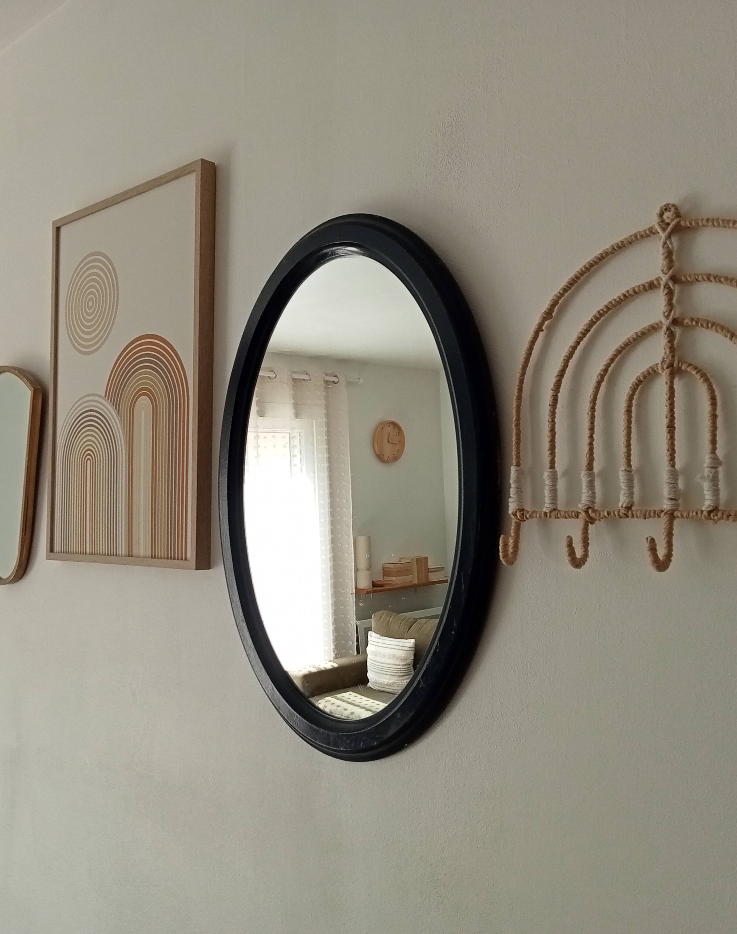 Vintage oval mirror in petrol blue wood