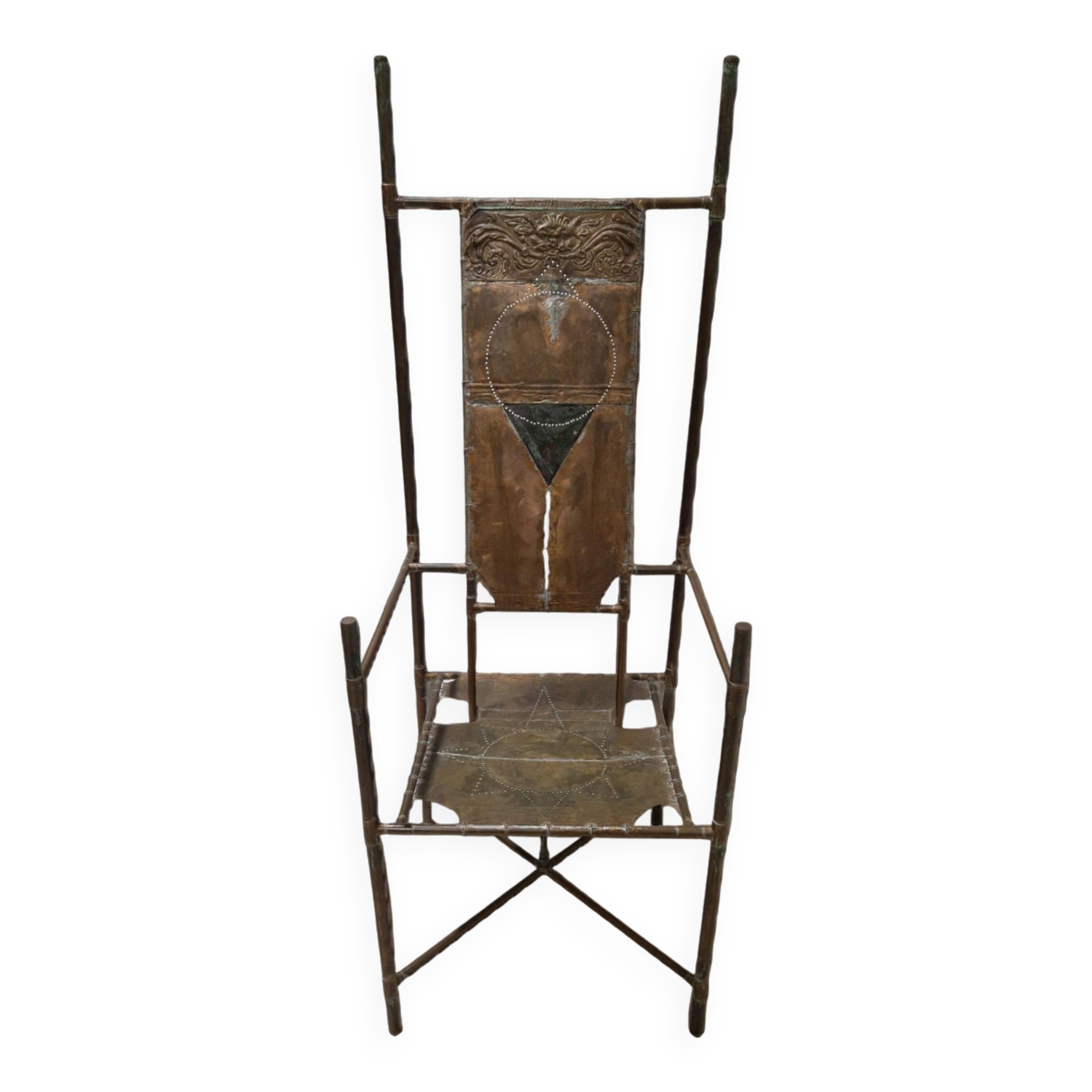 Copper and brass throne chair by Cor de Ree, Netherlands 1990