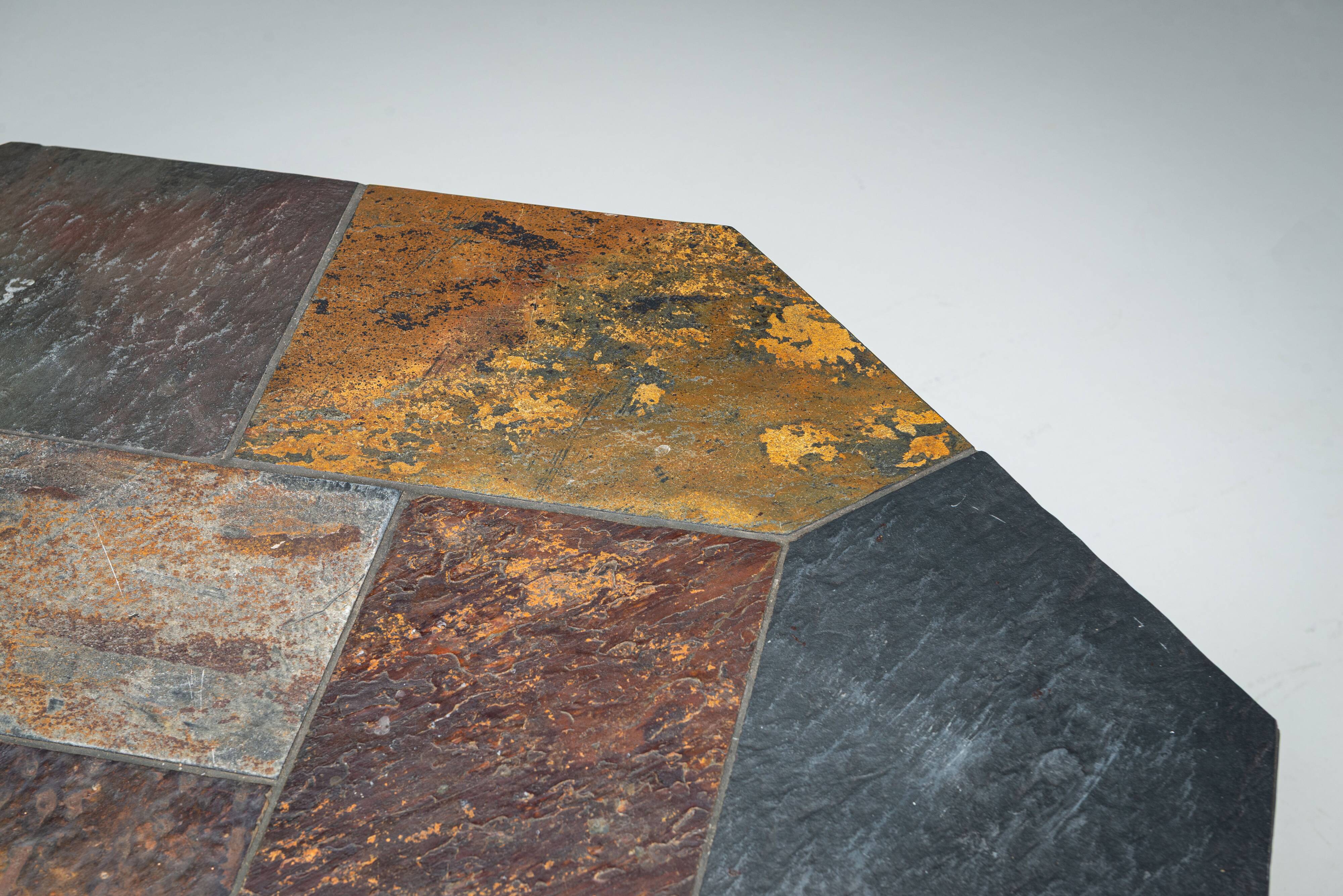 Large octagonal coffee table with multicoloured slate top