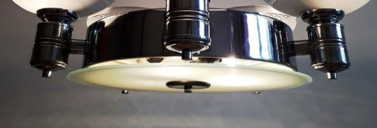 Art deco machine age style chandelier in chrome and frosted glass, 1940s