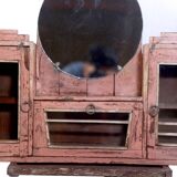 Tryptic wall shelf in ancient Burmese teak with round mirror