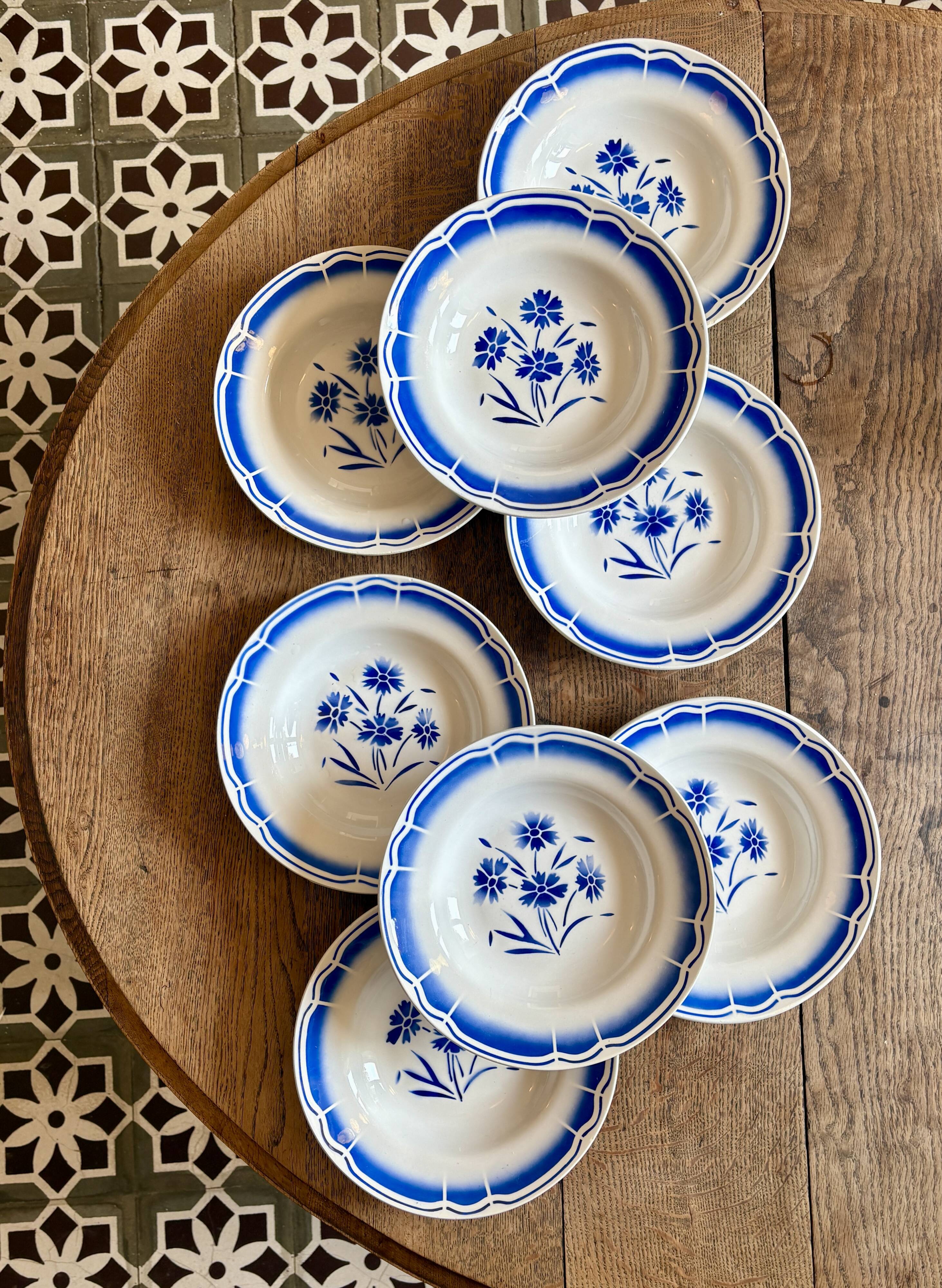 Set of 8 antique soup plates, blue flower decorations