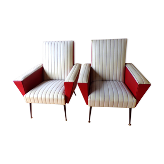 Fauteuils vintage rouge et blanc cassé 1970