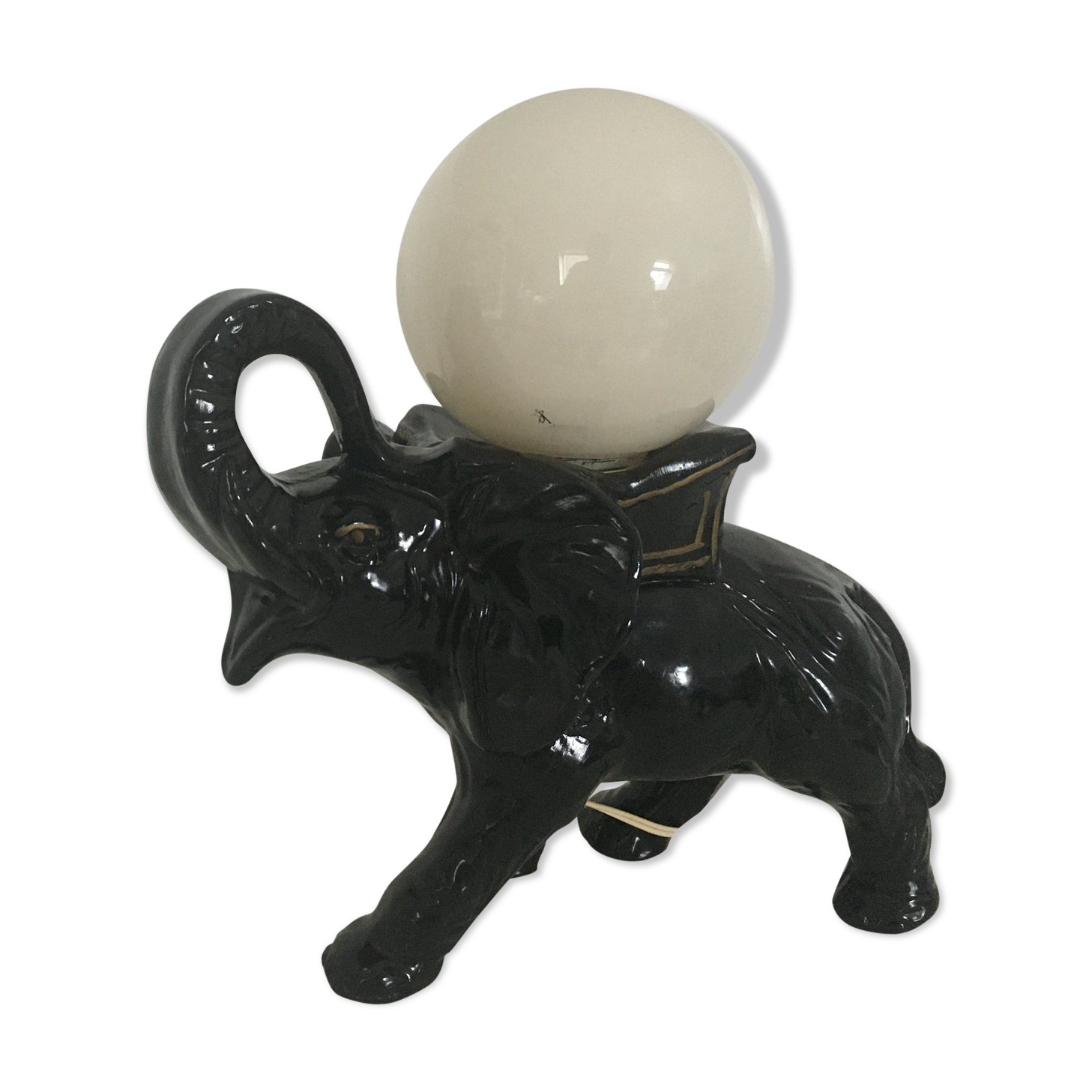 Black ceramic elephant lamp and white opaline ball 1970
