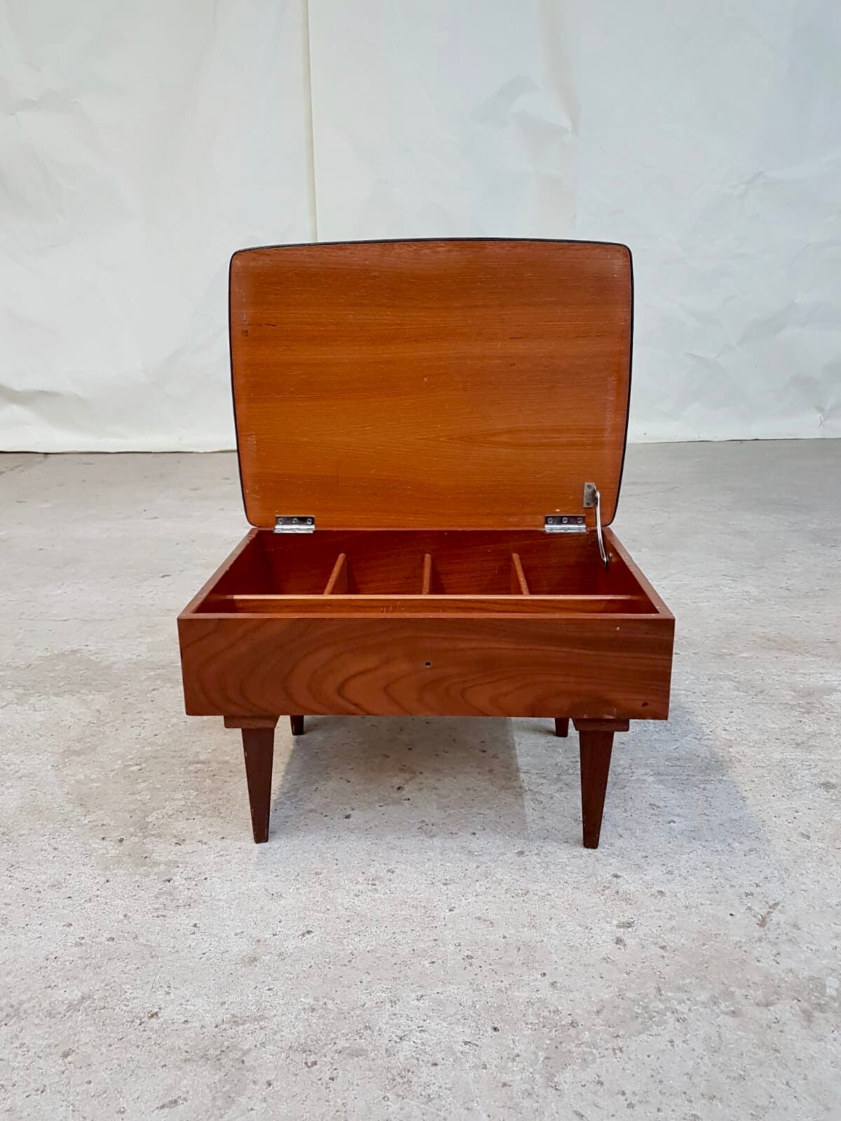 Vtg mid century teak 1950s sewing box heals footstool stool atomic retro