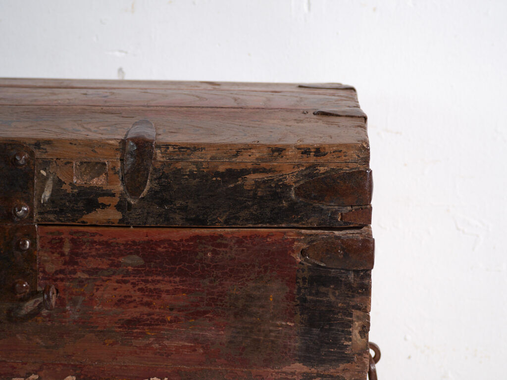 Antique iron-reinforced pine wood chest – China, circa 1900