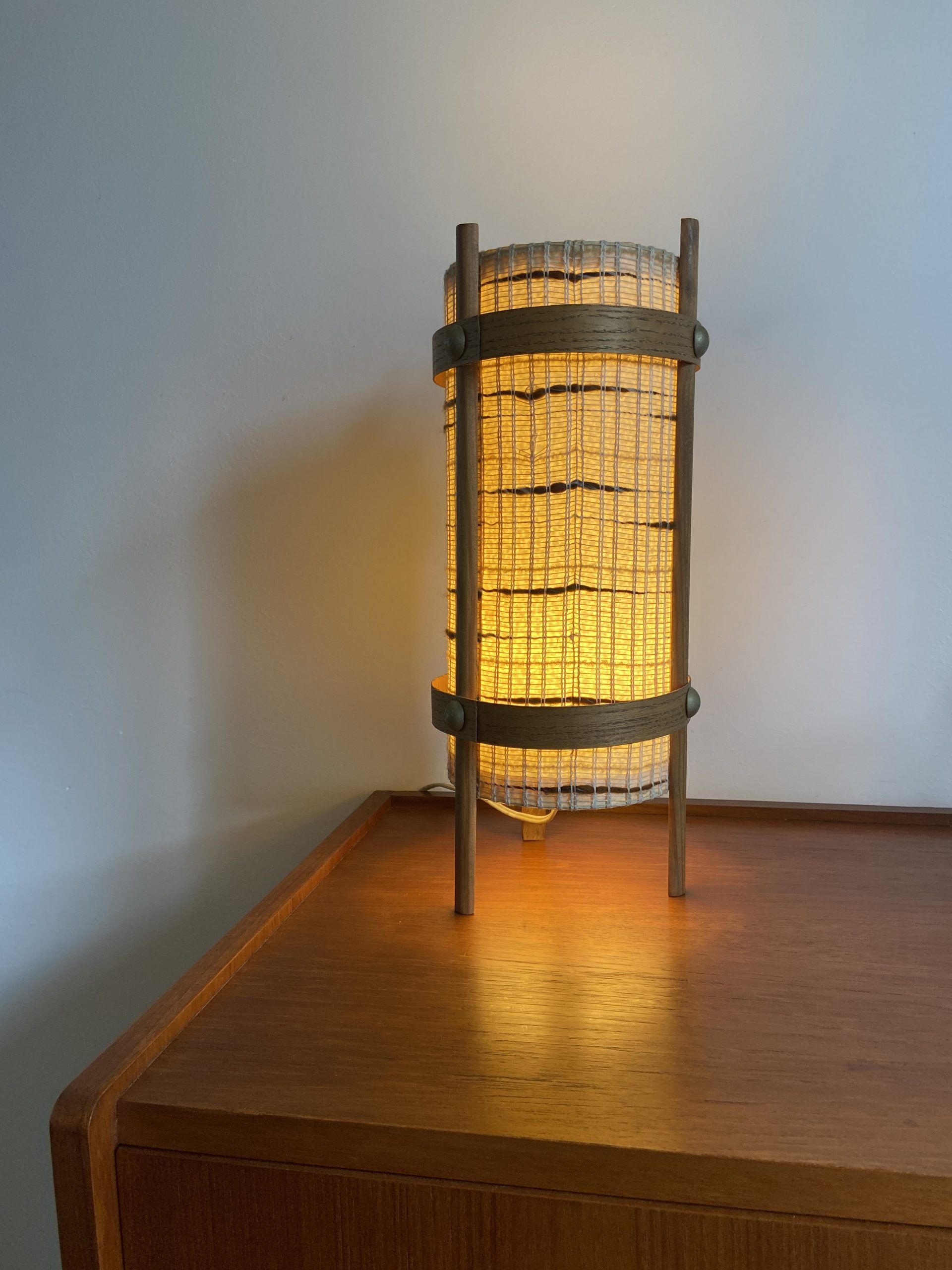 Vintage handcrafted lamp in woven wool and wood veneer
