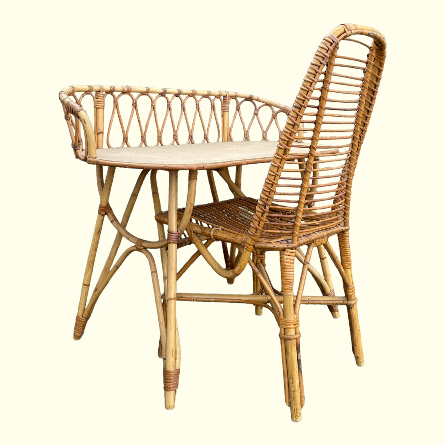 Bamboo and rattan desk and chair set, circa 1970