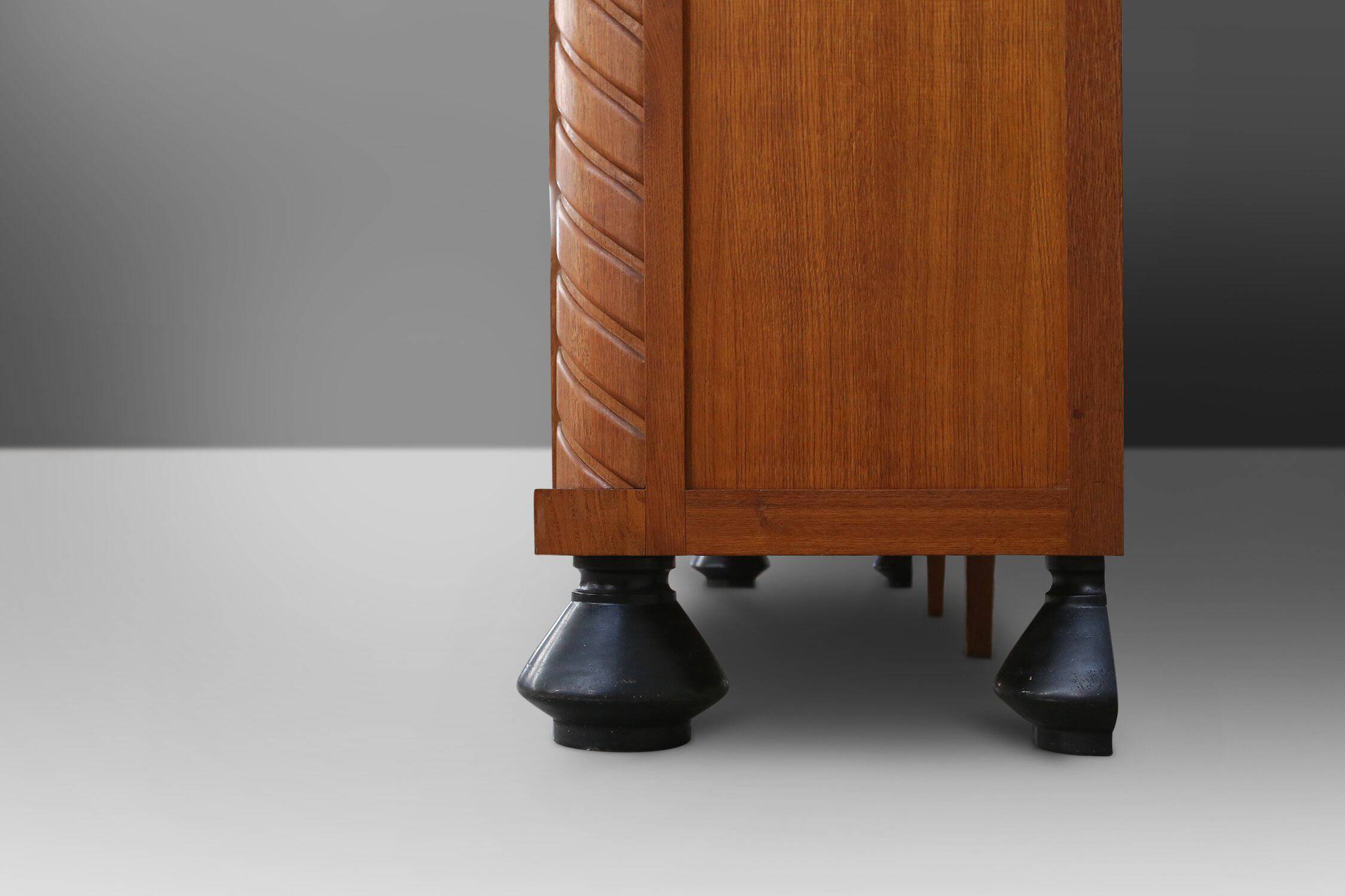 Art Deco brutalist Belgian Oak and Brass Sideboard, 1940s