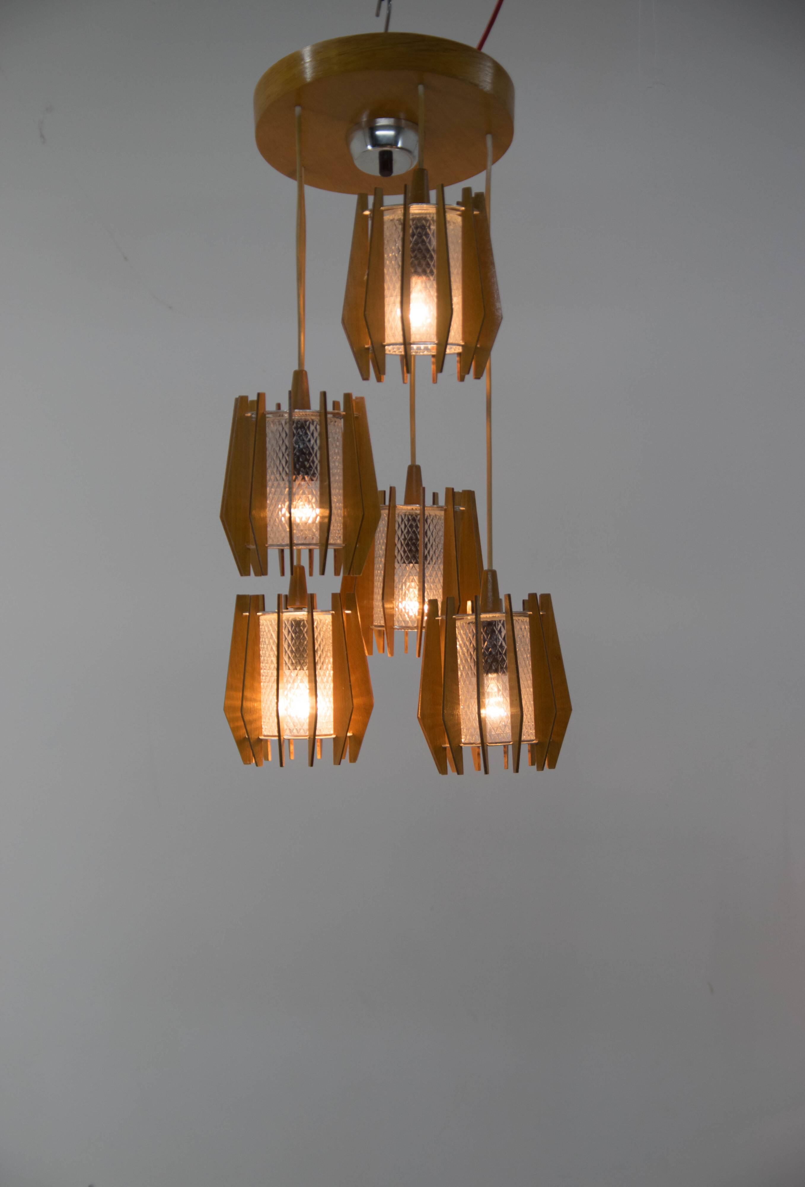 1970s Czechoslovakian Chandelier & Wall Lamp by Dřevo Humpolec