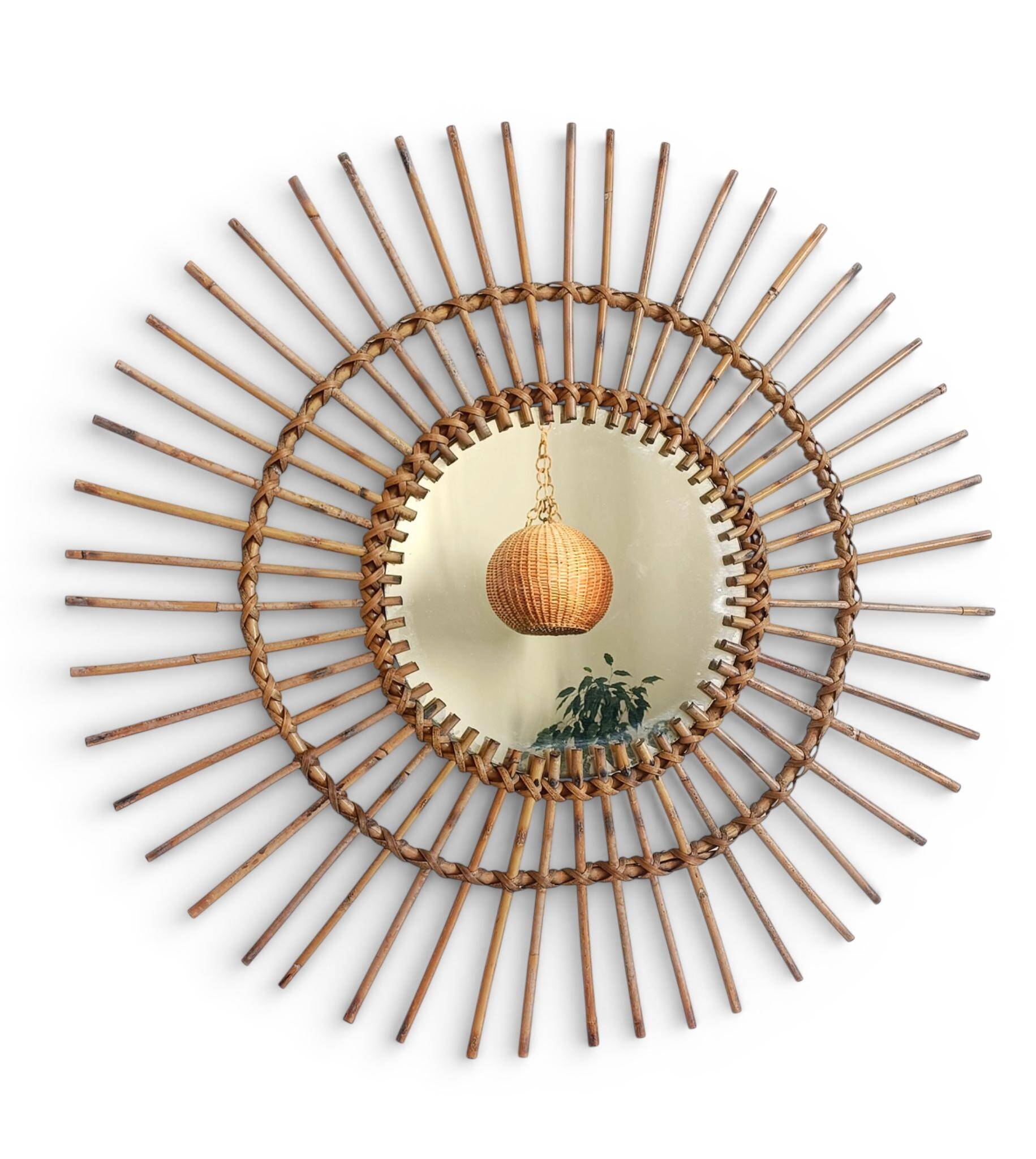 Mid Century Organic Modern Bamboo & Rattan Sunburst Patinated Mirror, 1960s