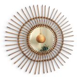 Mid Century Organic Modern Bamboo & Rattan Sunburst Patinated Mirror, 1960s