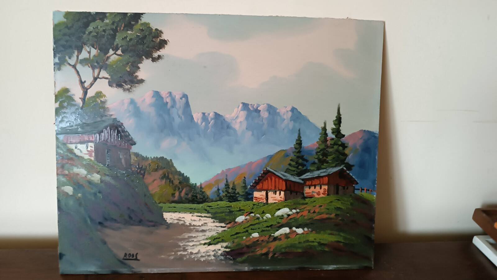 Oil painting on faesite from the 50s signed roos mountain landscape