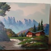 Oil painting on faesite from the 50s signed roos mountain landscape