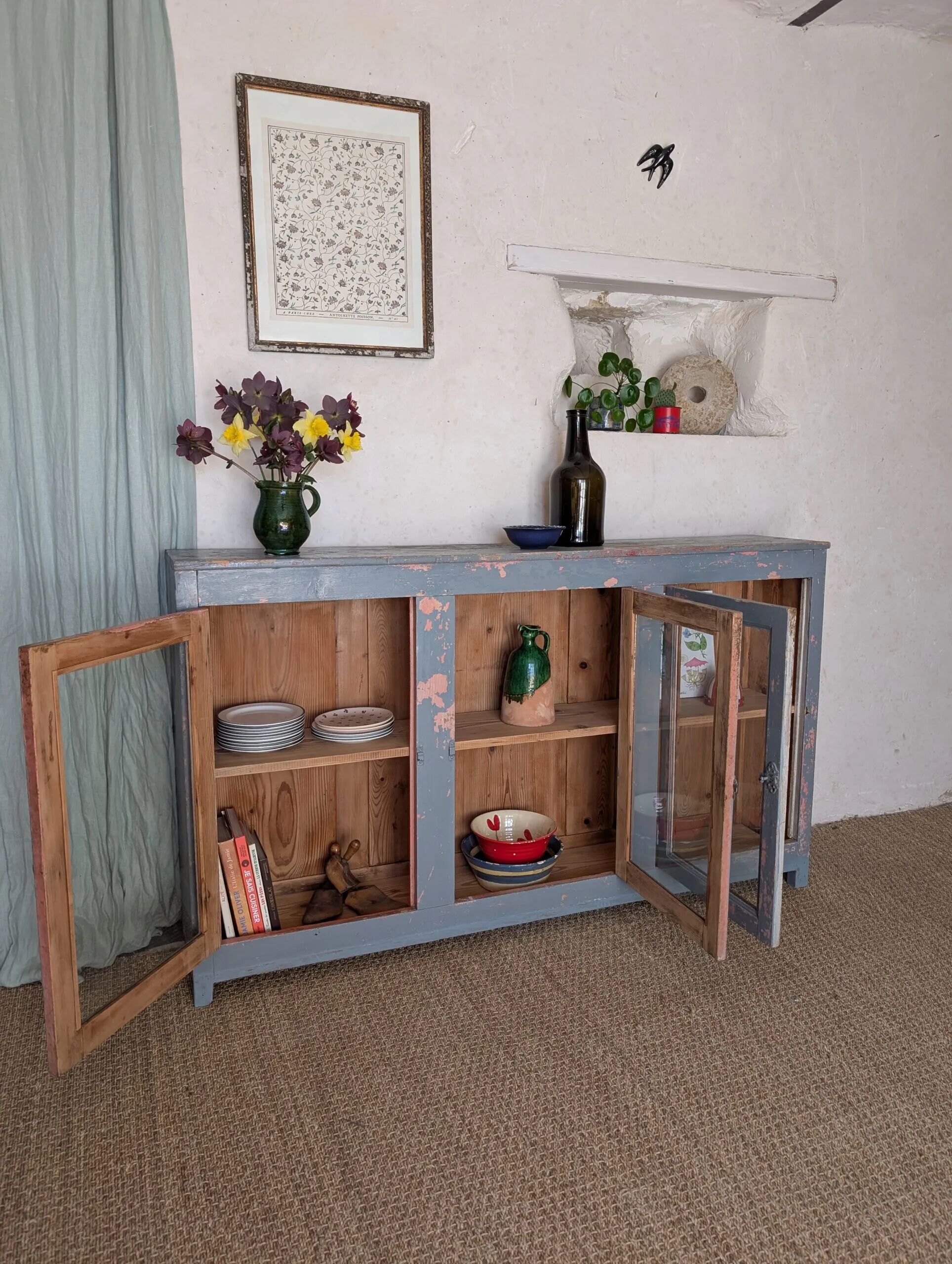 Glazed enfilade antique workbench – blue patina