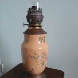 Earthenware kerosene lamp, bohemian crystal and hasag spout