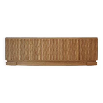 Italian Oak Wood Sideboard with Hand Carved Patterns and Travertine Marble Top