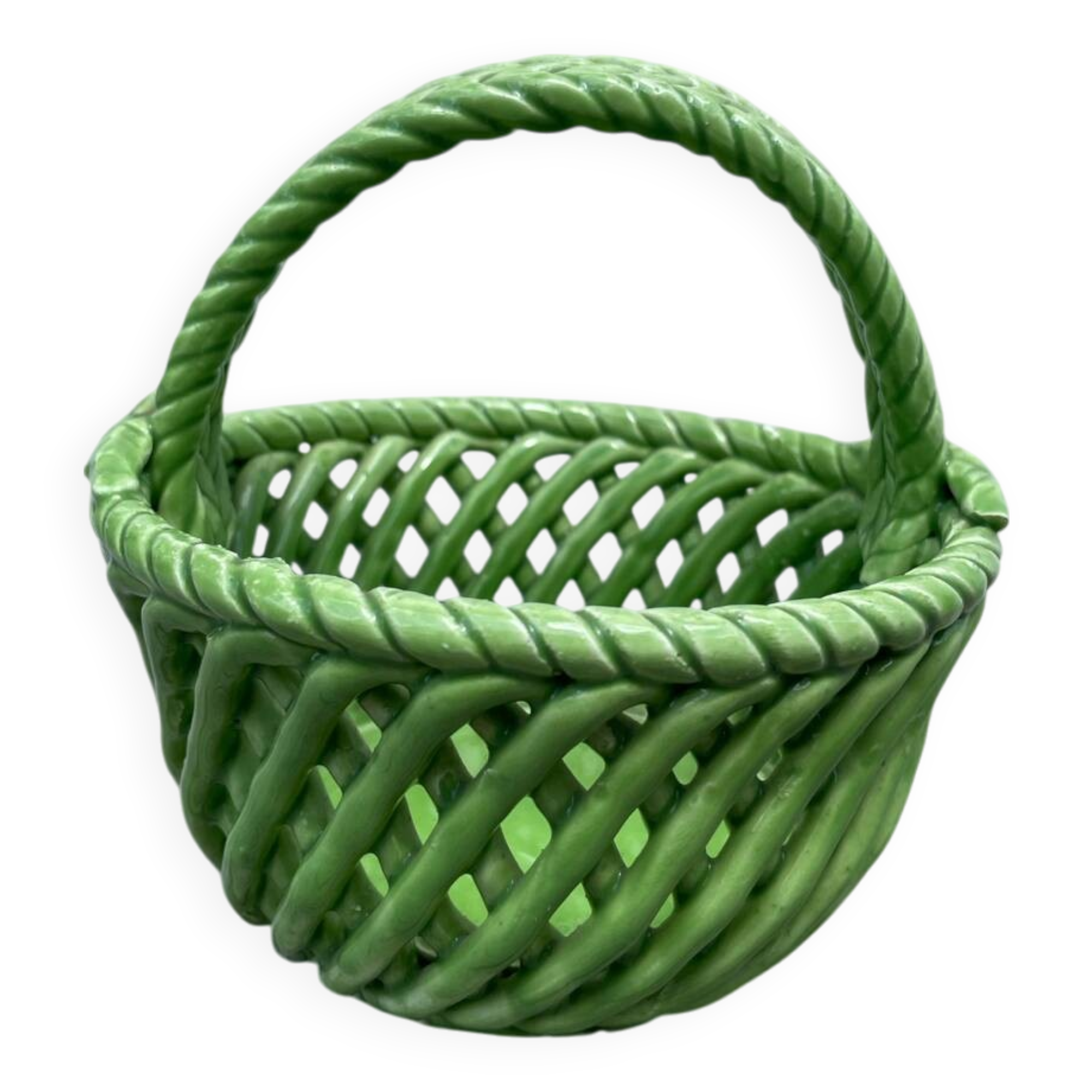 Basket dish in green woven earthenware / old ceramic