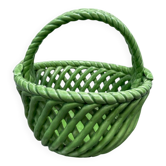 Plat panier en faïence tressée vert / céramique ancienne