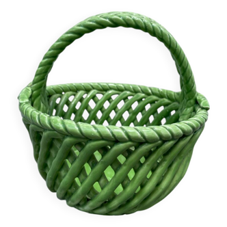 Basket dish in green woven earthenware / old ceramic