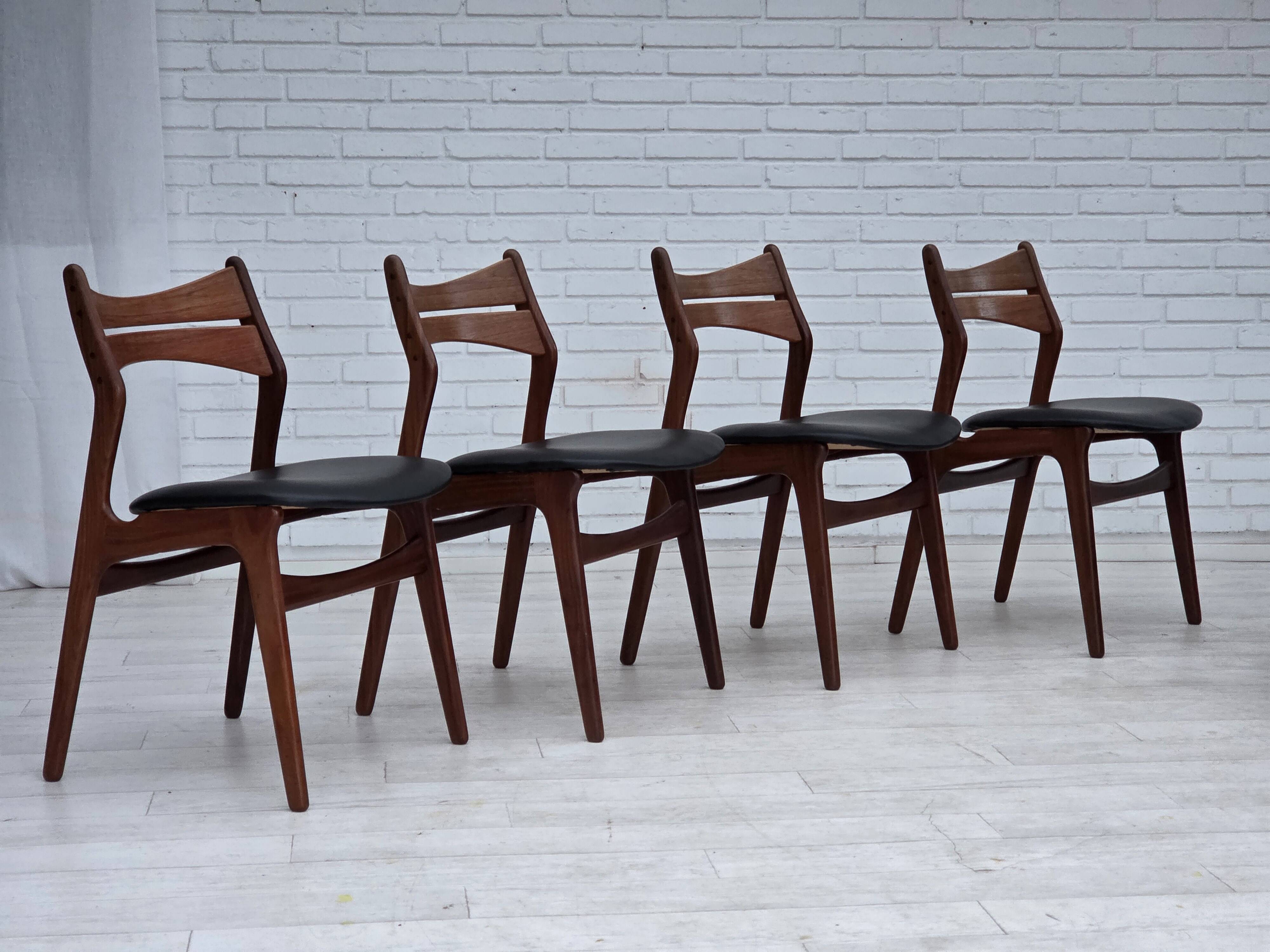 1960s, set of 4 reupholstered Danish dining chairs, design by Erik Buck.