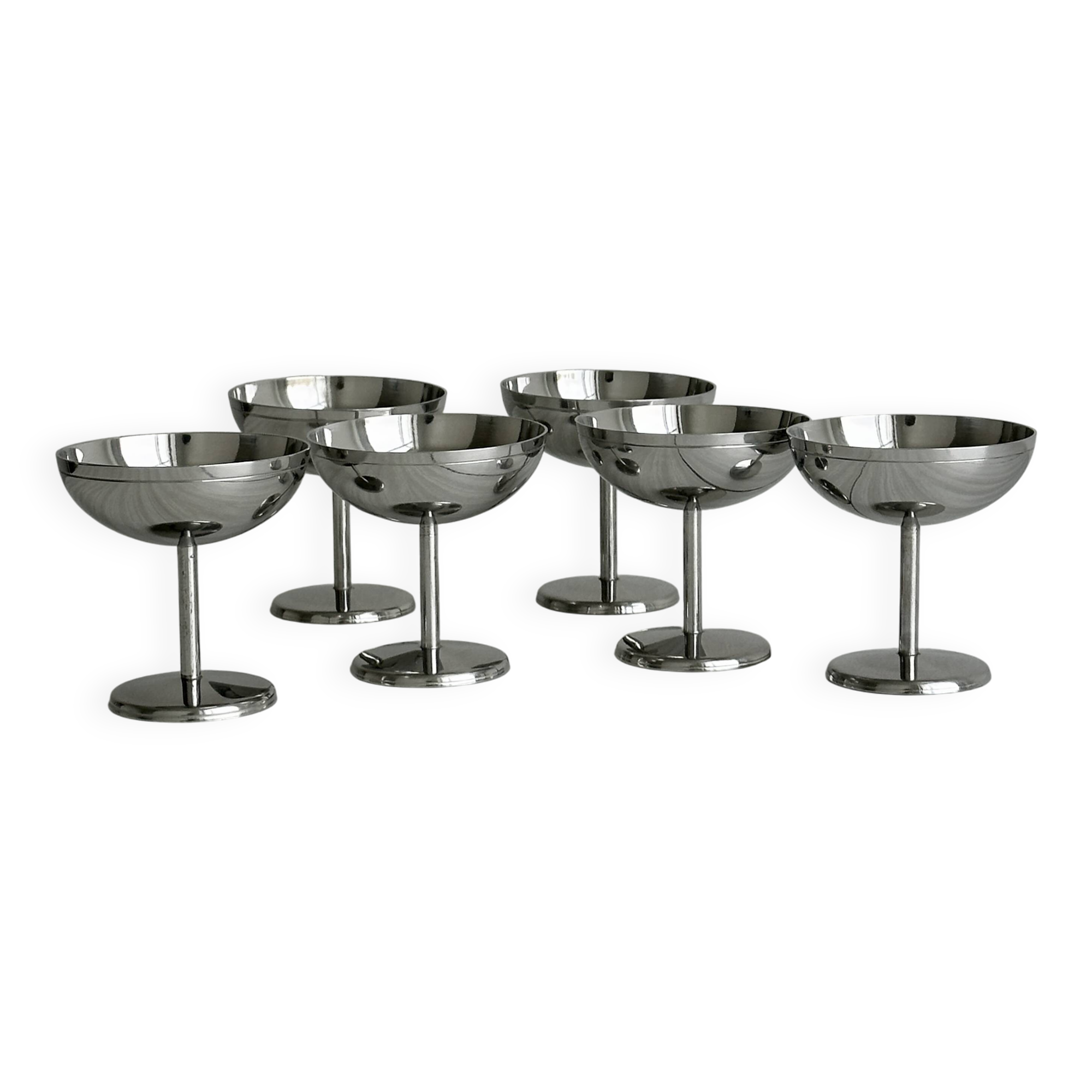 6 small stainless steel dessert bowls on stands