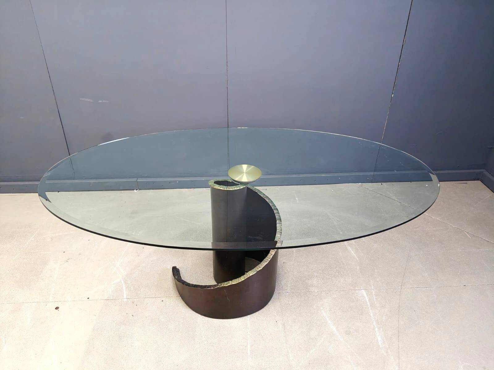 Table de salle à manger en verre et bronze de style brutaliste des années 1990, signée Barilone pour Roche B