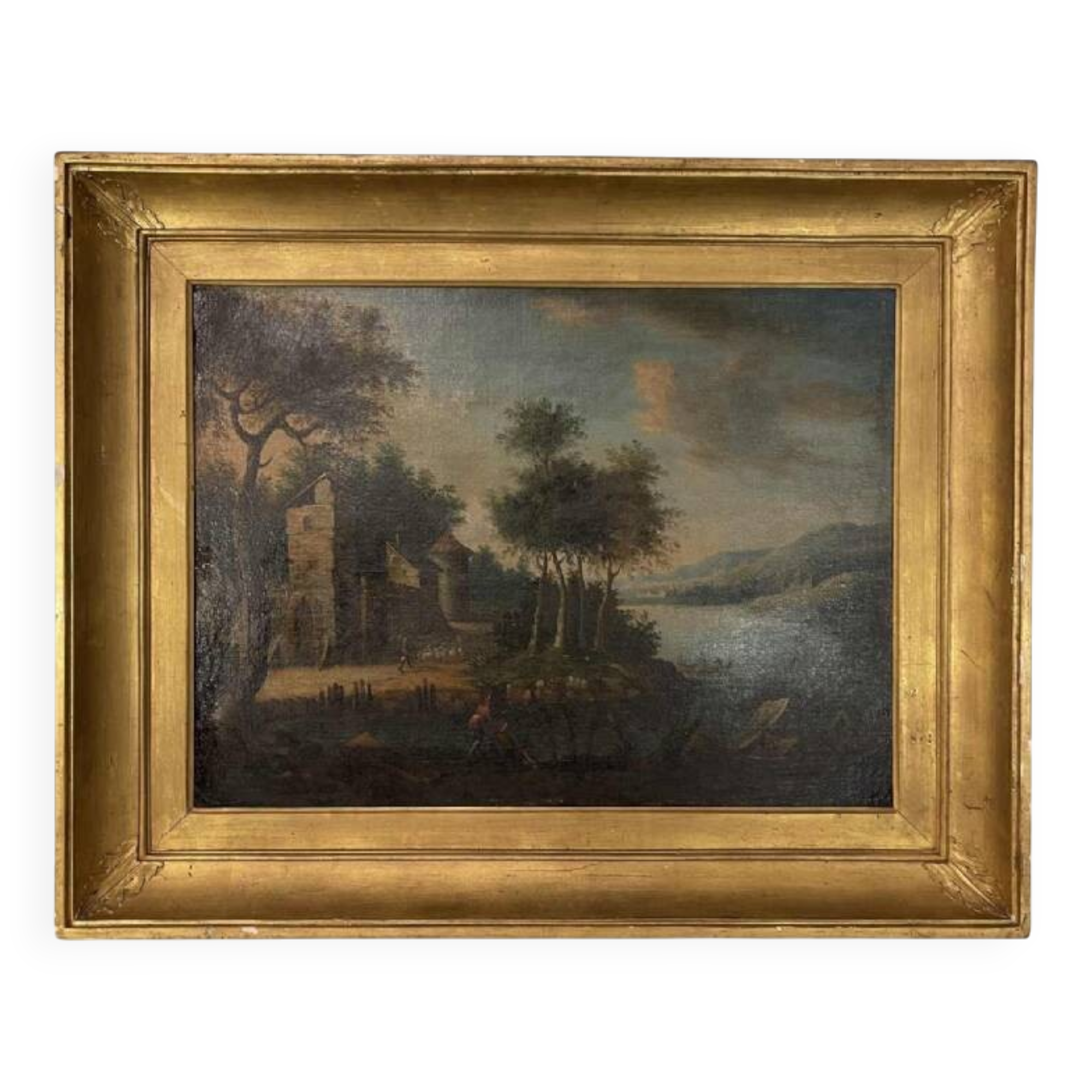 Italian School "Lake landscape, forest animated by figures" oil painting