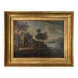 École italienne "Paysage lacustre, forêt animée de personnages" tableau hui