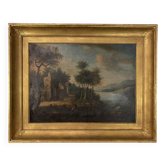 Italian School "Lake landscape, forest animated by figures" oil painting