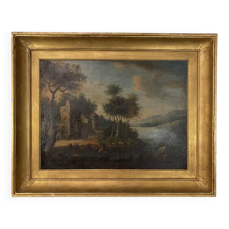 École italienne "Paysage lacustre, forêt animée de personnages" tableau hui