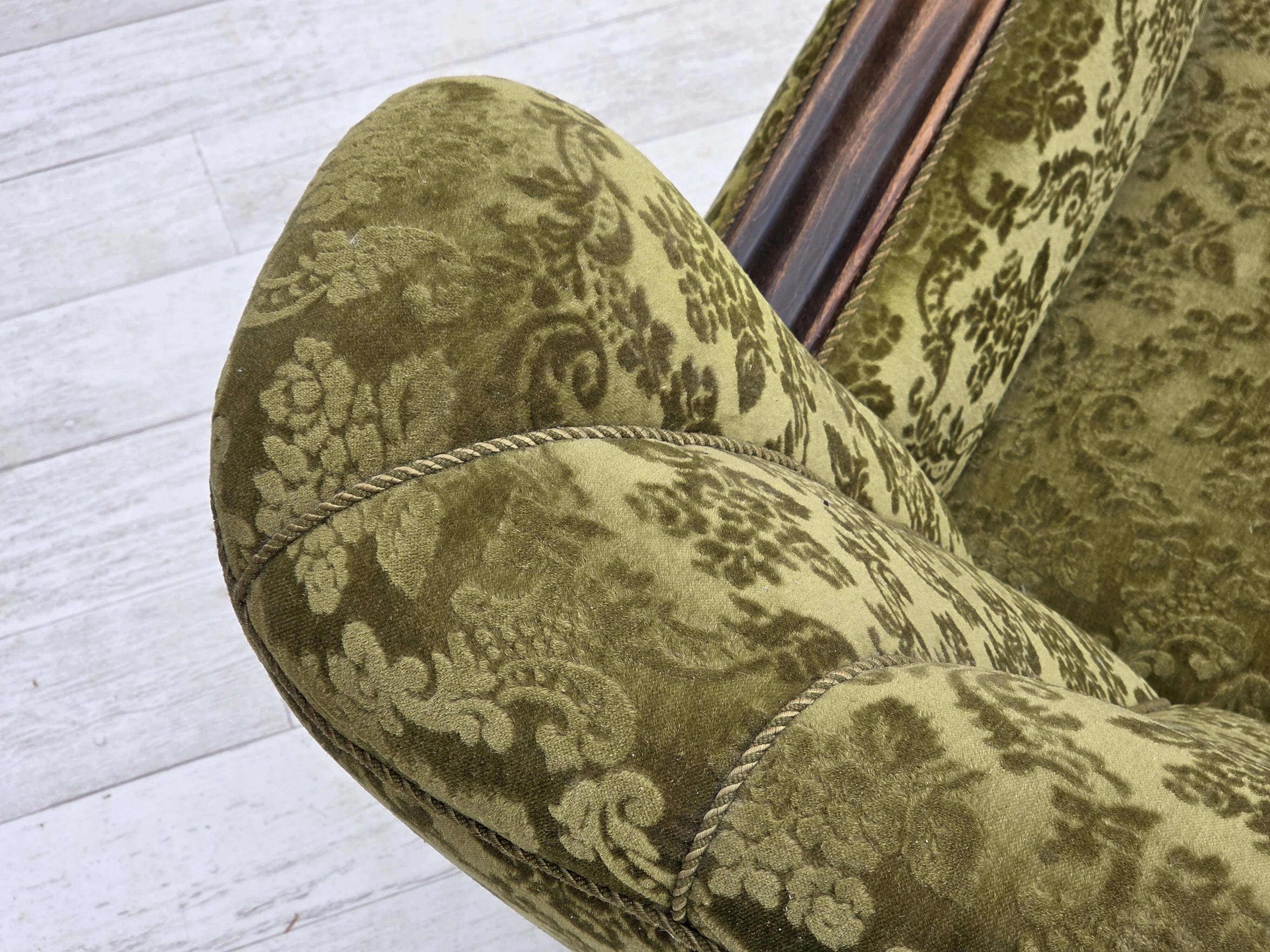 1960s, Danish 3-seater sofa, furniture velour, carved oak wood.