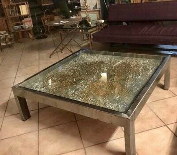 Rare Jenkell dite ''Jenk'' - Table basse unique signée en métal, verre et toile enchâssée