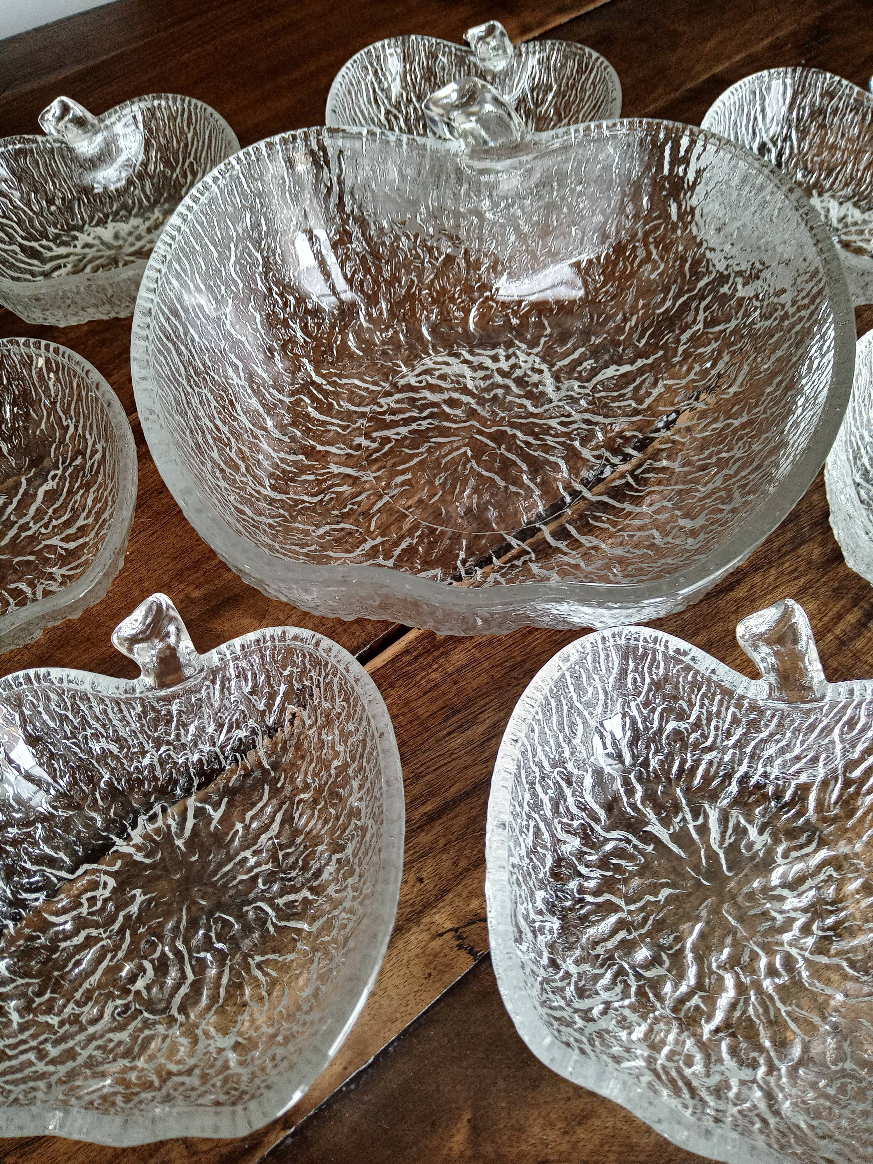 Service à dessert ou à salade de fruits vintage 8 pièces en verre opaque texturé en forme de pomme