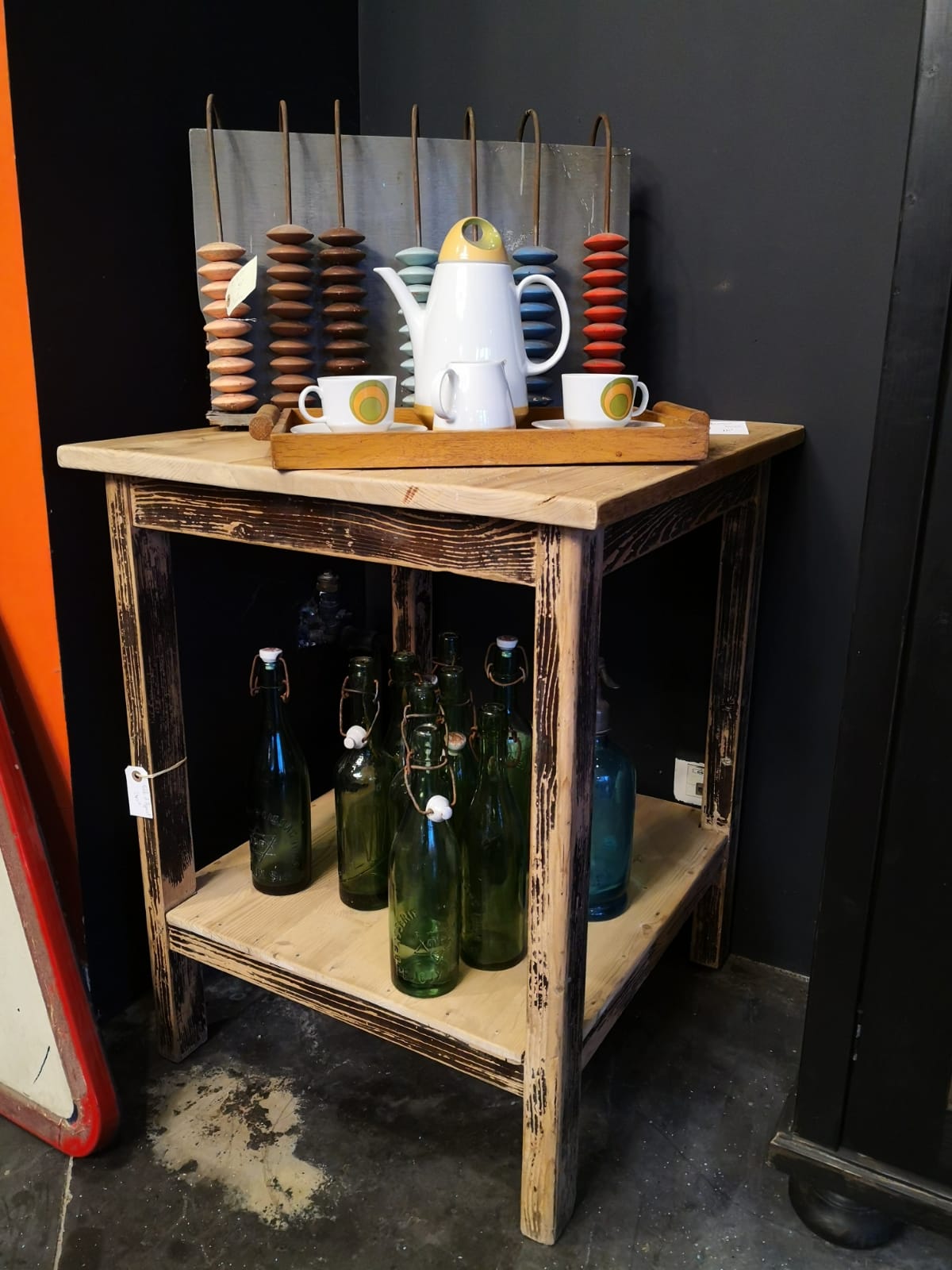 Vintage wooden side table, entrance console, square pedestal table 2 floors.