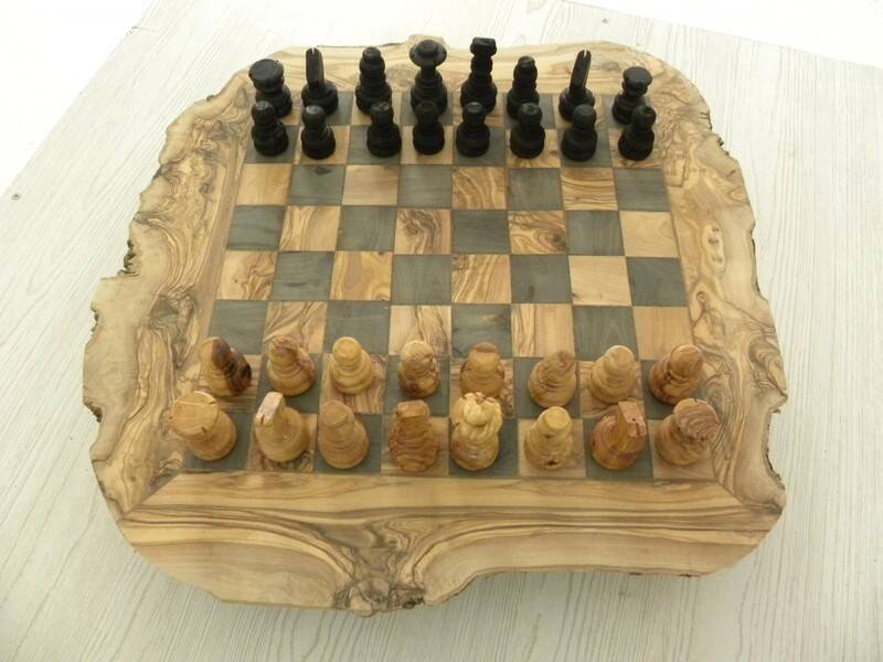 Rustic handcrafted olive wood chess set