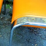 Pair of chrome and faux orange vintage stools "70"