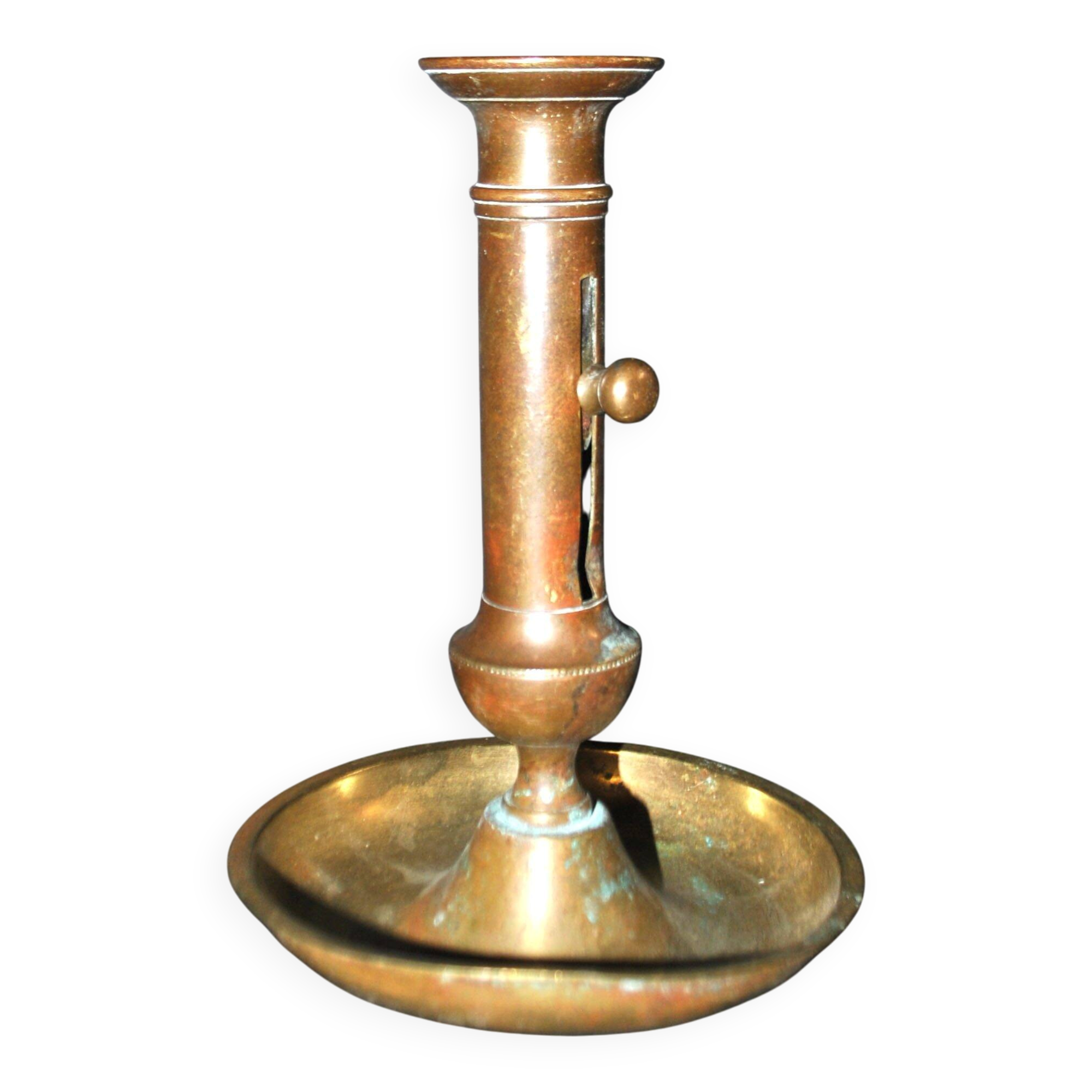 Antique push candle holder, 18th century gilded carved bronze candlestick.