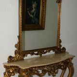 Mirror set with baroque style gilded wood console on marble top.