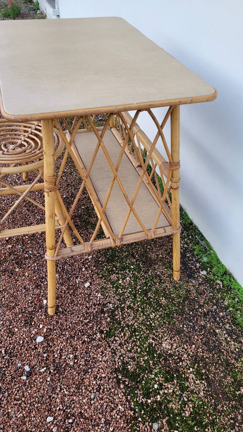 Bureau en rotin avec tabouret vintage- 1950s