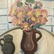 Mid-Century Modern Swedish "Pink Flowers" Vintage Still Life Oil Painting, Framed