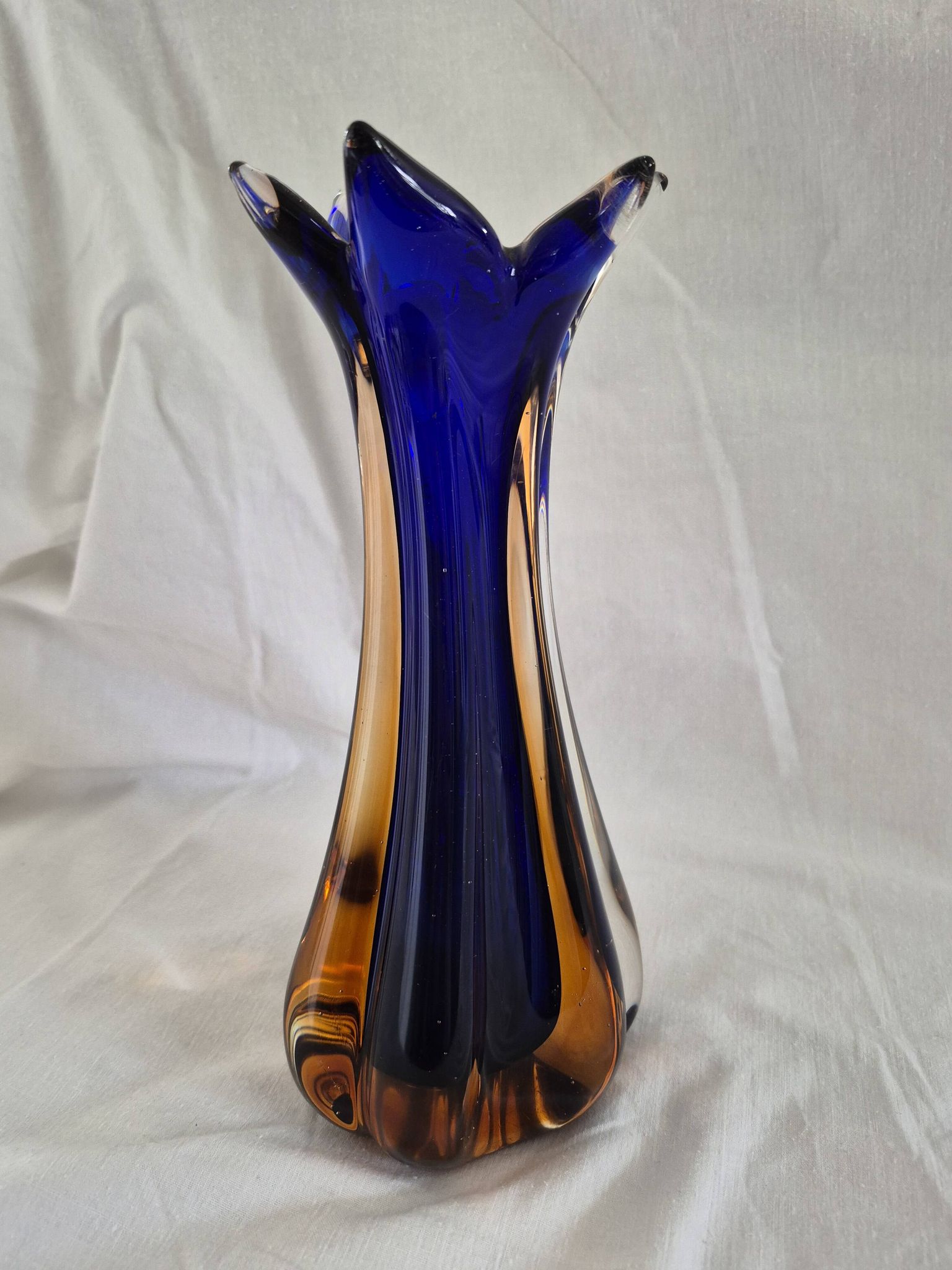Vintage cobalt blue and amber blown glass vase in Murano style.